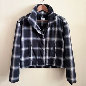 Evereve Cropped Plaid Puffer Jacket XS Black White Lightweight Quilted